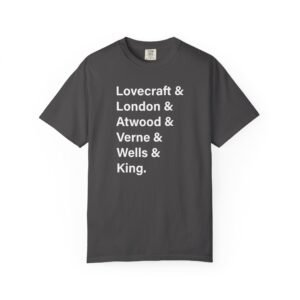 Literary Authors & Coffee T-Shirt — Lovecraft, London, Atwood, Verne, Wells, King