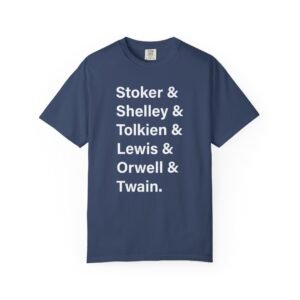 Literary Authors & Coffee T-Shirt — Stoker, Shelley, Tolkien, Lewis, Orwell, Twain