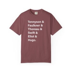 Literary Authors & Coffee T-Shirt — Tennyson, Faulkner, Thoreau, Swift, Eliot, Hugo.