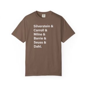 Literary Authors & Coffee T-Shirt — Silverstein, Carroll, Milne, Barrie, Seuss, Dahl
