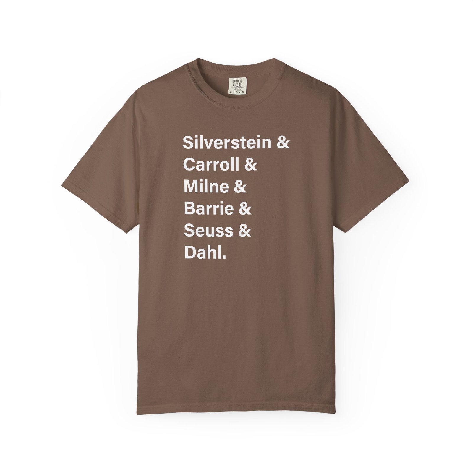 Literary Authors & Coffee T-Shirt — Silverstein, Carroll, Milne, Barrie, Seuss, Dahl