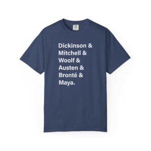Literary Authors & Coffee T-Shirt — Dickinson, Mitchell, Woolf, Austen, Brontë, Maya